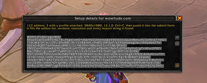 An in-game window titled Setup details for wowhuds.com. It reads: 122 addons, 3 with a profile attached, 3840x1080, 12.1.0. Ctrl+C, then paste it into the submit form - it fills the addon list, versions, resolution and every import string it found. Below is a long block of encoded text beginning WHH1.