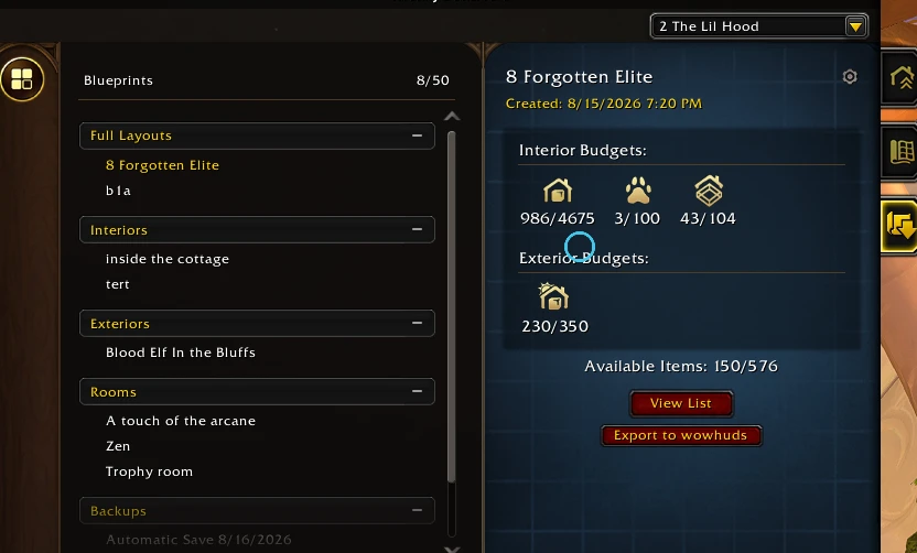 The in-game Housing Dashboard. A blueprint list on the left grouped into Full Layouts, Interiors, Exteriors and Rooms. On the right, a blueprint called 8 Forgotten Elite showing interior budgets of 986 of 4675, 3 of 100 and 43 of 104, an exterior budget of 230 of 350, and Available Items: 150 of 576, above View List and Export to wowhuds buttons.